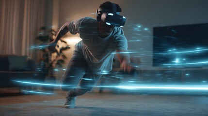 Next-Gen VR Gamer Enjoying Immersive Gameplay in Futuristic Living Room Equipped with State-of-the-Art Virtual Reality Hardware