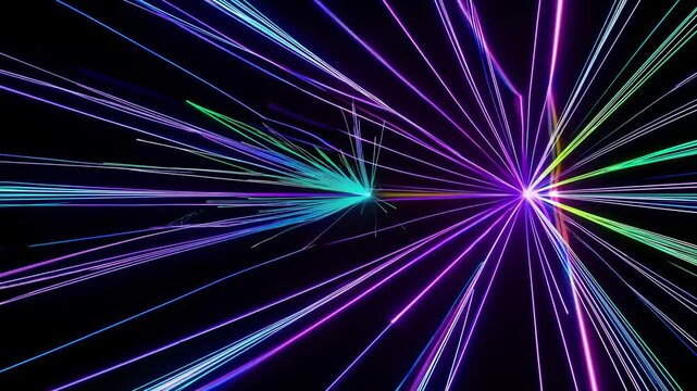 Luminous color rays radiating outward, generating energetic motion against dark backdrop with intense visual dynamism