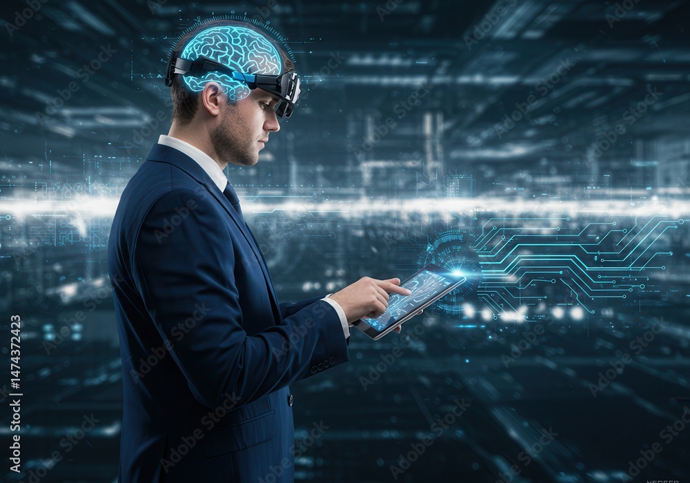 Aufkleber businessman using digital tablet with glowing brain hologram and circuit board overlay in a futurist