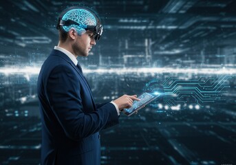 Businessman using digital tablet with glowing brain hologram and circuit board overlay in a futuristic setting