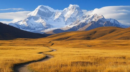Fototapeta premium A zigzagging path in a mountain meadow with wild grass and snow-capped peaks behind