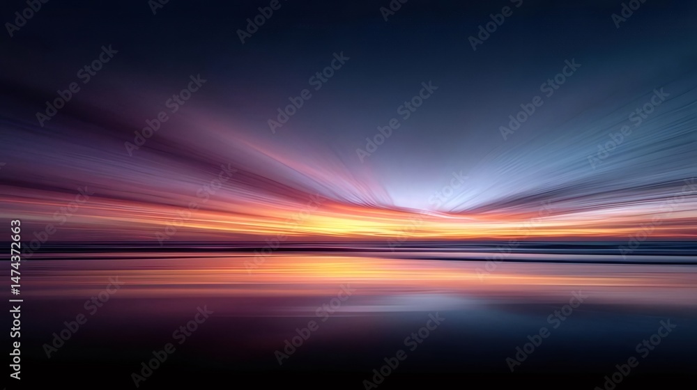 Poster 夕焼け空と海の抽象的な長焦点写真、鮮やかなオレンジと紺色の色調、ビーチの夕暮れ時の抽象的な太陽光線、瞑想的な雰囲気