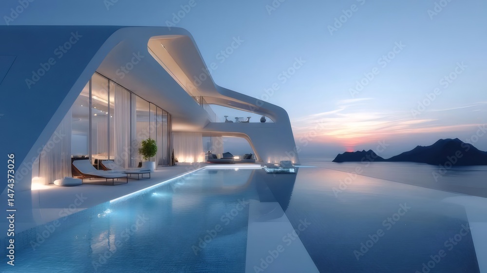 Aufkleber 現代的な白い海の家とインフィニティプールのある豪華な建築物 夕暮れの空と穏やかな水面を望む 静けさ