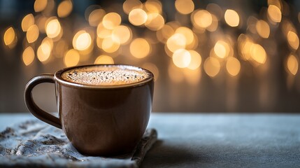 Coffee in brown cup with bokeh background