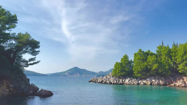 View from Milocer beach towards Becici across serene Montenegro coastline