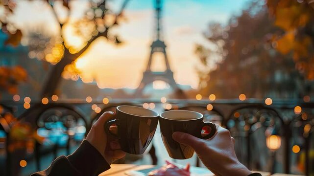 hands holding coffee on the background of the Eiffel Tower. Selective focus