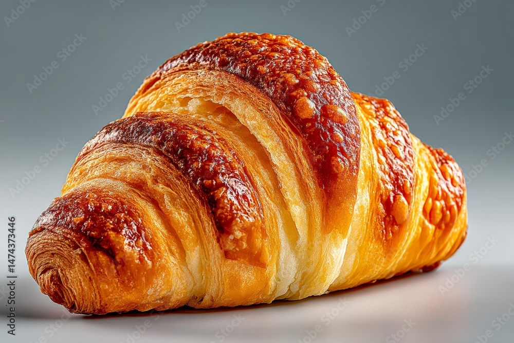 Poster freshly baked golden croissant with flaky layers placed on a gray background