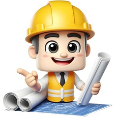 Professional 3D Construction Mascot with Blueprint Design and Safety Outfit