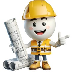 Cheerful 3D Builder Character with Vest and Helmet Gesturing to Construction Plans