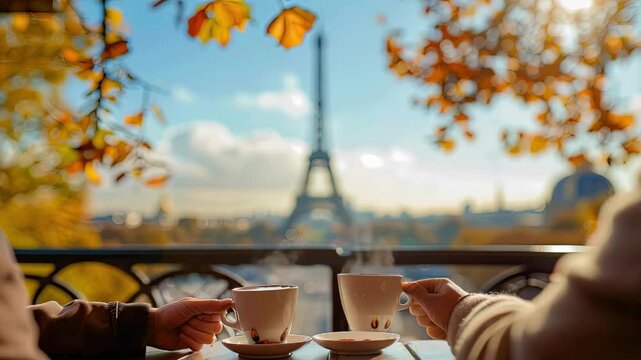 hands holding coffee on the background of the Eiffel Tower. Selective focus