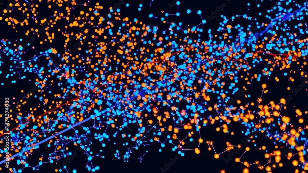 Poster abstract blue and orange particle network animation background ideal for technology presentations or
