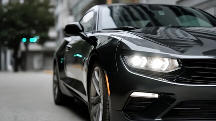 Sleek black sports car on city street