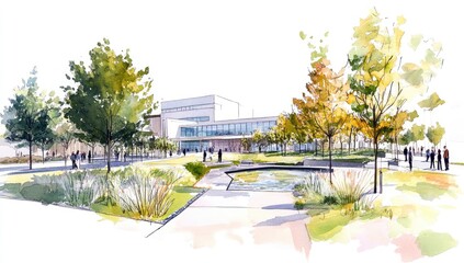 Watercolor, landscape architecture sketch of a green space in front of a modern hospital building with trees.