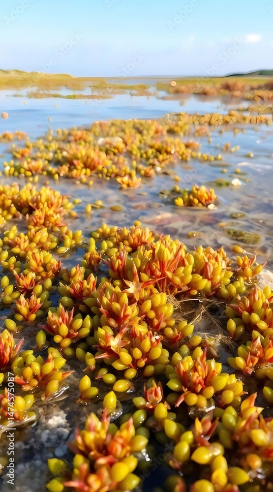 Aufkleber 晴れた日の黄色と赤の海岸植物が水面に反射する詳細なクローズアップマクロ写真