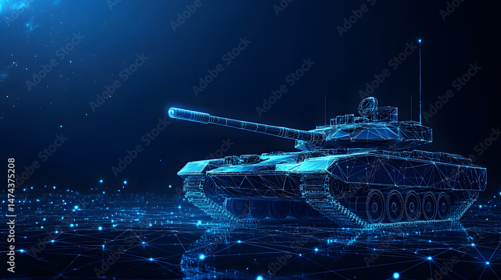 Poster futuristic tank concept rendered as a glowing blue wireframe. reflective grid surface and dark backd