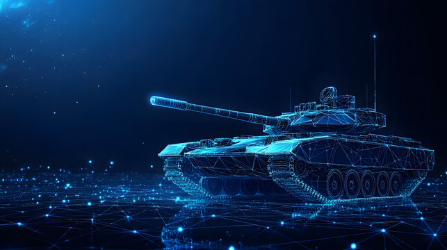 Futuristic tank concept rendered as a glowing blue wireframe. Reflective grid surface and dark backdrop enhance the tech feel. Perfect for military technology themes. Abstract wireframe in dark blue