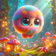 Adorable 3D Fantasy Character with Big Eyes and Fur in a Luminous Woodland Setting