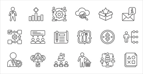 Business company and Management icon set. Contains symbol of success, data, reward, work, money, employee, businessman, target, finance, lunchtime, task, shop, meeting, education. Vector illustration