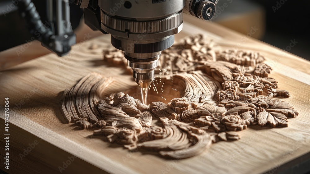 Poster ultra-detailed view of precision laser engraving machine in factory setting, sparks and fine craftsm