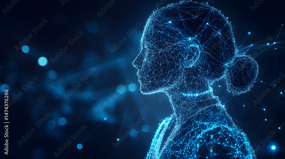 Aufkleber Futuristic woman's profile rendered with interconnected blue lines against a dark backdrop. A technologically advanced aesthetic with abstract wireframe in dark blue.