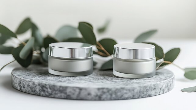 Frosted cosmetic jars on a granite slab with greenery for a natural skincare theme