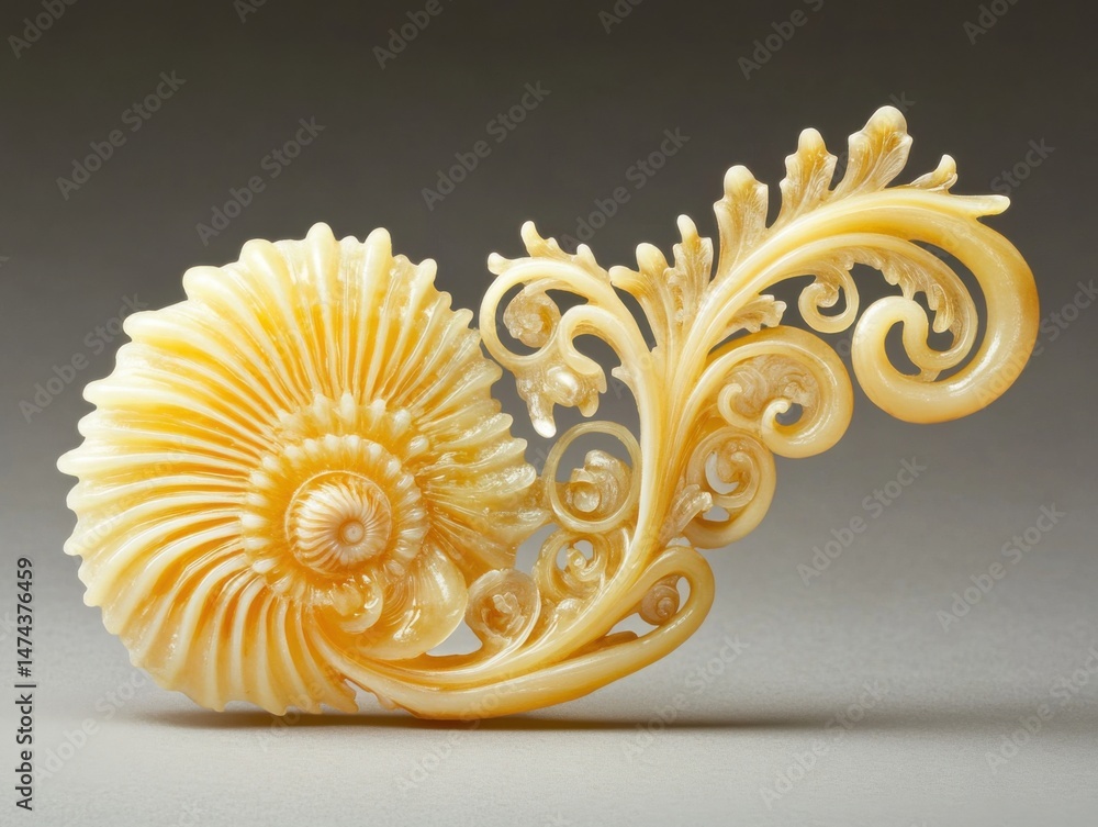Poster intricate carved ammonite fossil with baroque style design studio shot close up on gray background