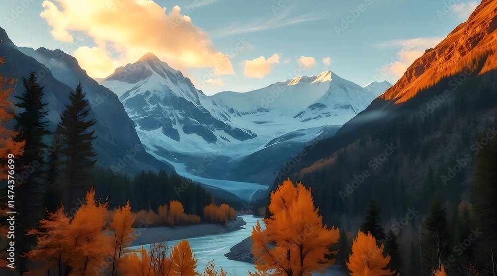 Aufkleber 雪山と秋の紅葉が映える川のパノラマ風景 夕暮れ時の山岳地帯 森林と氷河が織りなす美しい自然の景色 日本アルプスの山並み