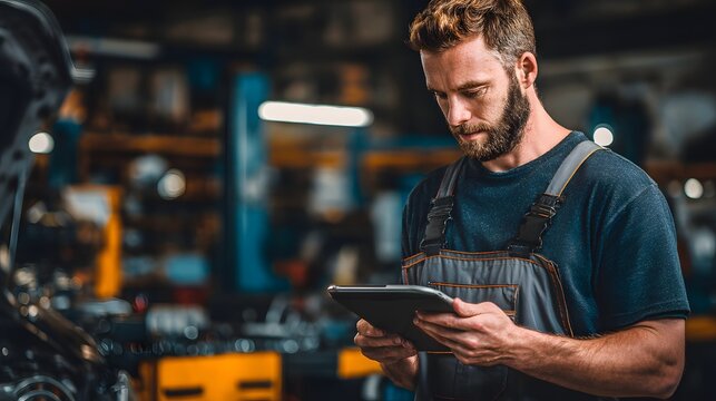Bold Skilled Mechanic Analyzing Car Diagnostics for Automotive Professional Branding