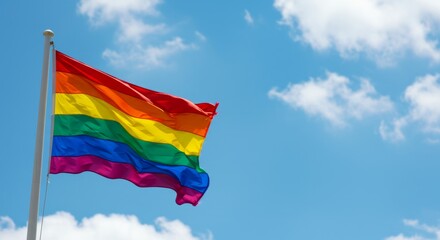 Rainbow color pride flag waving in the wind against a blue sky background during an lgbtq march or event, celebrating diversity and inclusion, with room copy space.