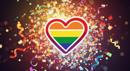 Lgbtq heart symbol with rainbow flag colors on a background of colorful festive confetti and blurred lights. Concept representation of love for Pride month celebration.