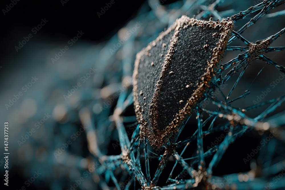 Poster intricate network structure highlighting a shield emblem against a dark background