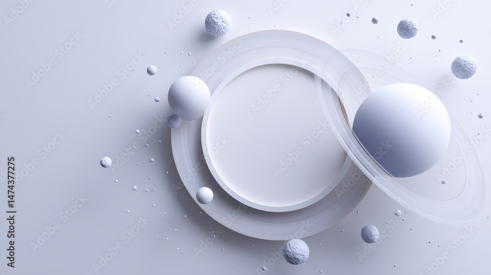 Poster various floating spheres and shapes revolve around a central blank white form, emphasizing a minimal