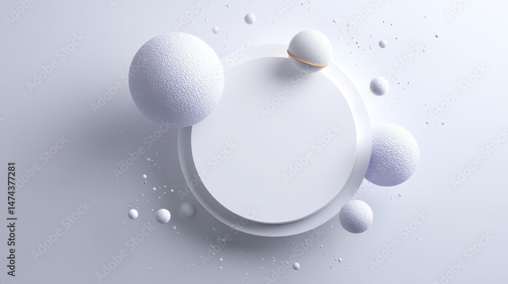 Poster floating spheres are in gentle orbit around a central plain white shape, creating a serene and moder
