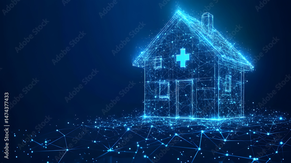 Aufkleber digital home concept featuring a blue wireframe house on a dark blue network background. the interco