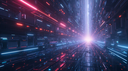 Fototapeta premium Sci-Fi Cityscape with Neon Light Trails – Futuristic Urban Energy