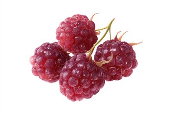 Close-up of four ripe raspberries on a white background.