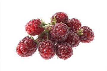 A cluster of ripe raspberries, vibrant red against a white background.