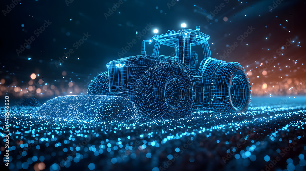 Poster abstract wireframe tractor working a glowing, granular field. blue particle ground and blurred orang
