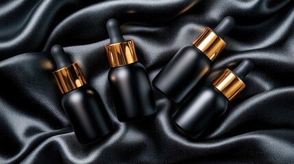 Luxury cosmetic bottles with droppers and no labels on silky black fabric