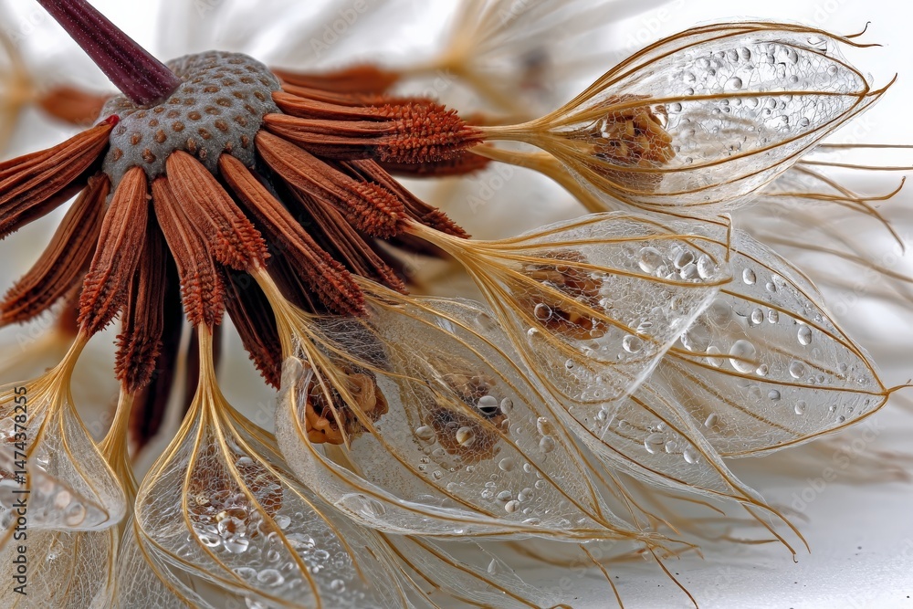 Poster detailed view of seed pod with delicate strands and droplets showcasing nature's intricate design