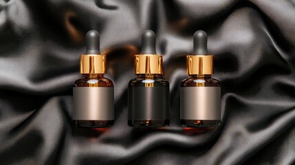 Luxury cosmetic bottles with droppers and no labels on silky black fabric