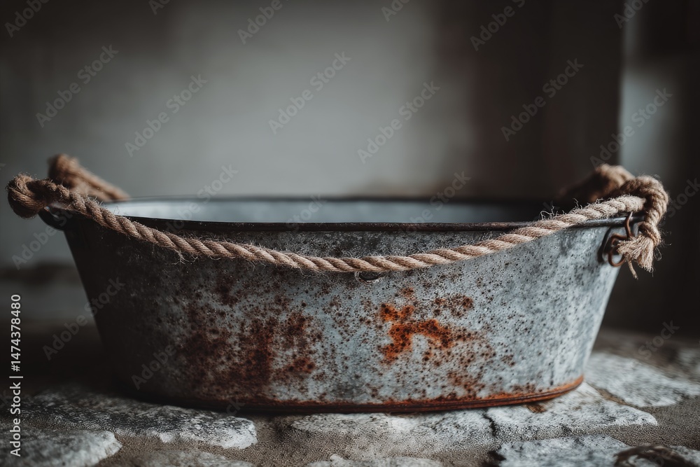 Aufkleber rustic metal basin with rope handles placed on a textured surface in a cozy indoor setting