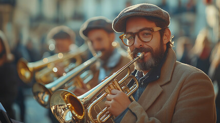 Obraz premium San Fermin Festival Street Brass Band Performance with Musicians in Vintage Style