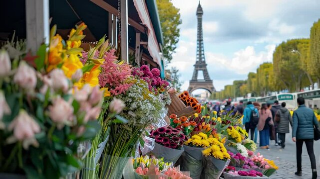 shop window with flowers on the background of the Eiffel Tower. Selective focus