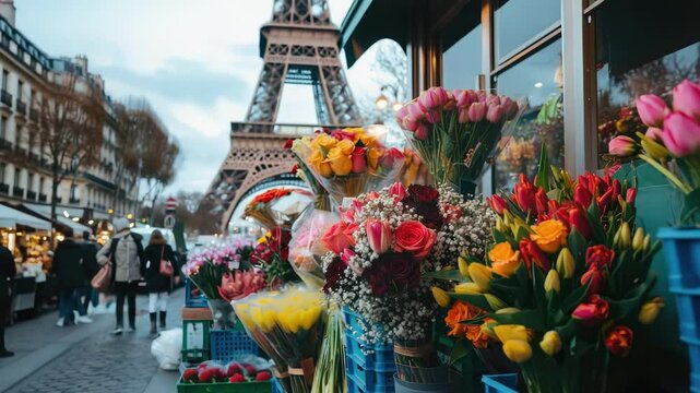 shop window with flowers on the background of the Eiffel Tower. Selective focus