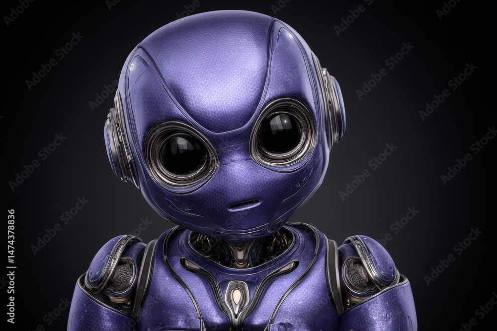 Poster ai robot with sleek purple design and large eyes demonstrating advanced technology and futuristic ae