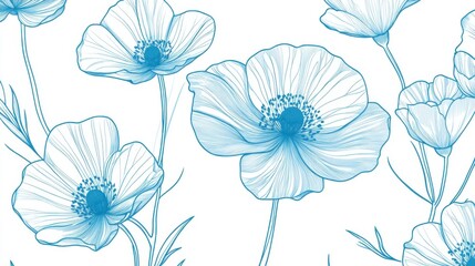 Blue Anemone Flowers Seamless Repeat Pattern Delicate Line Art on White Background Floral Design Element Botanical Illustration