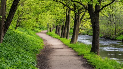 Fototapeta premium Narrow dirt footpath beside a flowing river with lush greenery on both sides