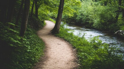 Fototapeta premium Narrow dirt footpath beside a flowing river with lush greenery on both sides