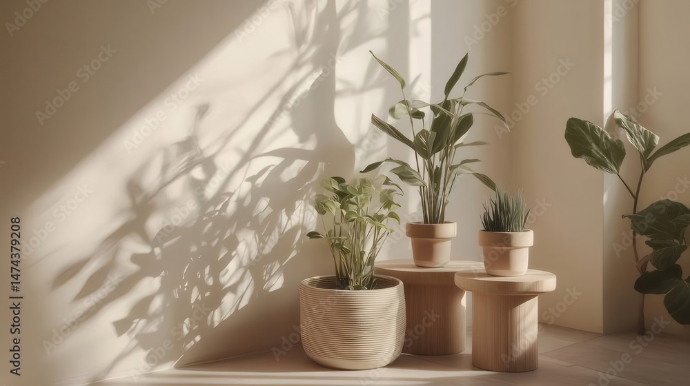 Poster 室内の日の光に照らされた鉢植えの植物 静けさと美しさを表現したミニマルな植物の配置 柔らかい自然光が差し込む背景